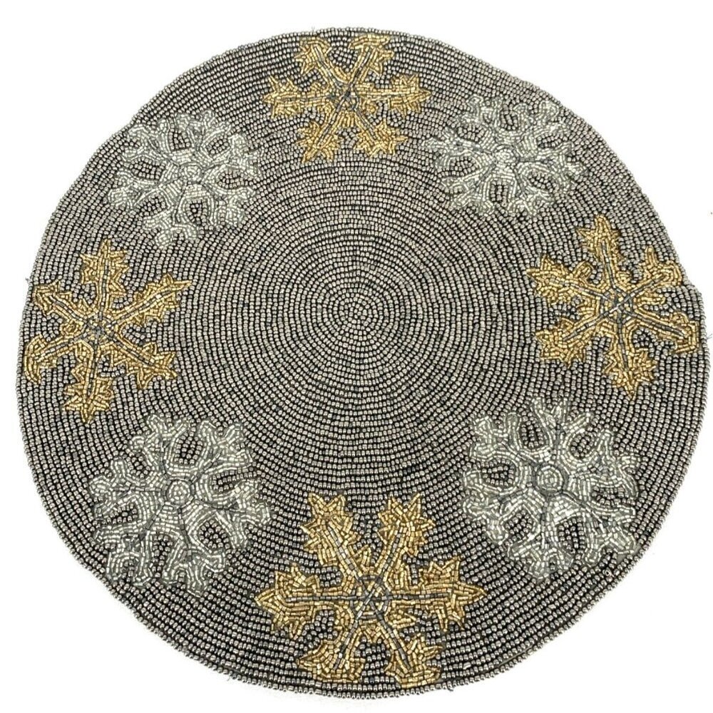 Beaded Centerpiece Snowflakes Gray Clear Gold Round 14.5" Winter Christmas